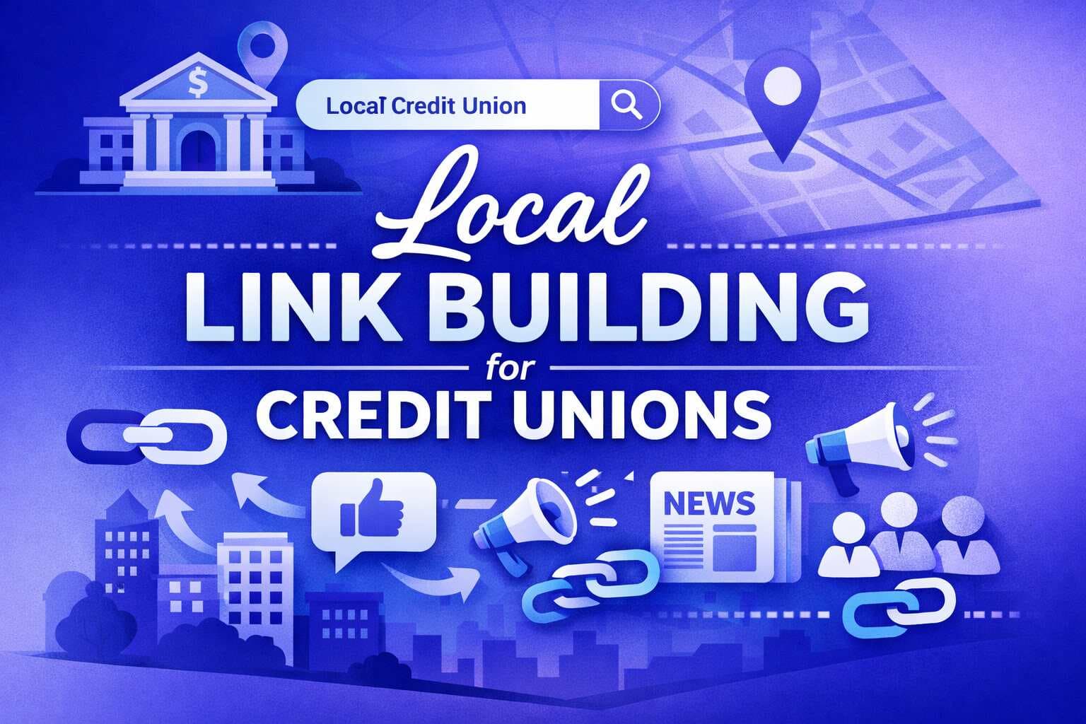 Graphic for local link building strategies for credit unions and regional banks, showing digital marketing icons like search bars, map pins, news clips, and backlink symbols on a blue background.